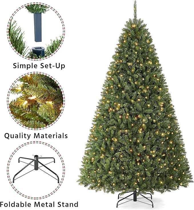 Yaheetech Premium Pre-Lit Douglas Full Fir Ultra-Thick Spruce Christmas Tree with Incandescent Warm White Lights and Branch Tips, Prelighted Xmas Tree with Foldable Stand, 7.5ft, Green