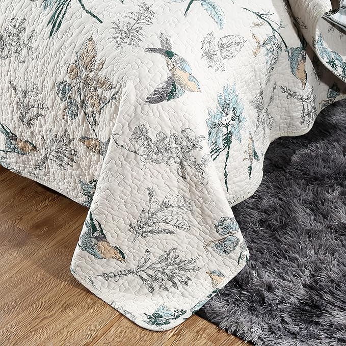 DURLENGEN Birds & Floral 100% Cotton Queen Quilt 3Pcs,Reversible Birds & Flowers Pattern on White,Luxury Lightweight Coverlet Sets for All Season(Queen 90x96,Birds & Floral)