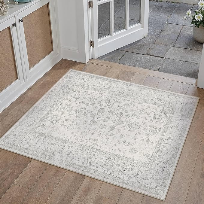 2x3 Grey Entryway Area Rug Machine Washable Door Mat Kitchen Vintage Distressed Non Slip Carpet Indoor Retro Floral Accent Throw Small Rug for Bathroom Office Bedroom Living Dining Room