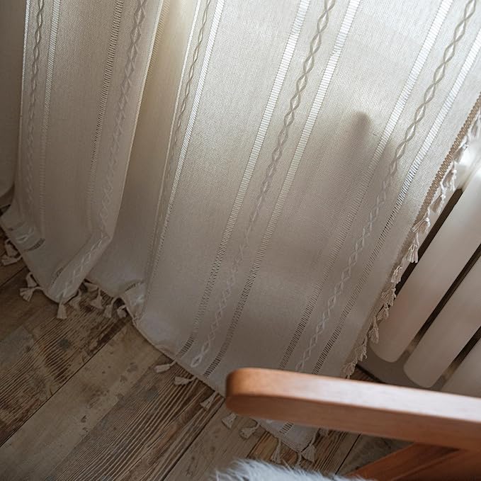 Sutuo Home Boho Curtains for Bedroom Living Room 108 Inches Long, Semi-Blackout Rustic Country Linen Embroidery Vintage Tassels Hollow Window Treatment Bohemian Drape, 1 Panel 52" W x 108" L, Ivory
