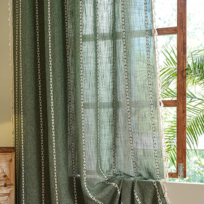 Sutuo Home Boho Kitchen Curtains with Beige Tassels, Semi Blackout Linen French Country Shabby Chic Window Treatment Bohemian Embroidery Knitted Drape, Rod Pocket 1 Panel 52" W x 63" L, Olive Green