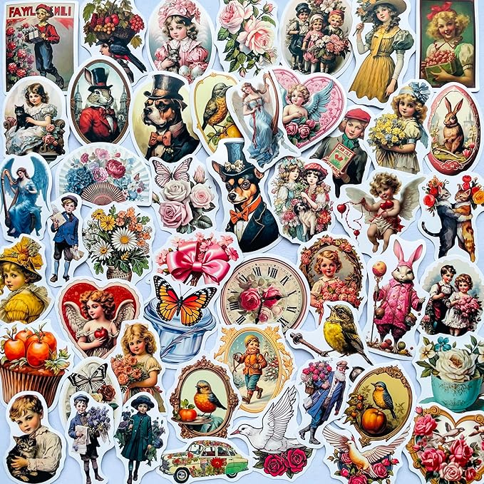 Yoksas 50Pcs Vintage Victorian Stickers - Waterproof Vinyl Old Antique Art Stickers for Laptops,Water Bottles,Scrapbooking,Journals