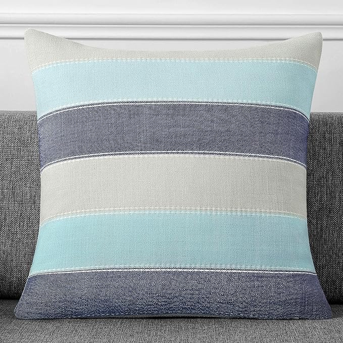 AmHoo Pack of 2 Farmhouse Stripe Check Throw Pillow Covers Set Case Cotton Linen Decorative Pillowcases Cushion Cover for Couch Bench Sofa 16x16Inch Blue Beige