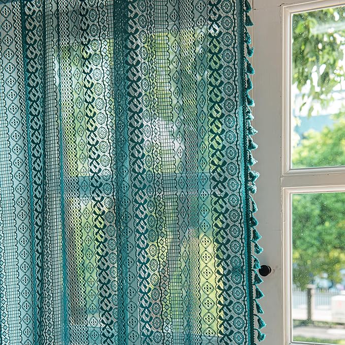 Sutuo Home Boho Curtains 72 inches Long for Bedroom Living Room, Crochet Lace Sheer Bohemian Hollow Knitted with Tassels, Rod Pocket Window Treatment Drapes, 1 Panel 59" W x 72" L, Turquoise