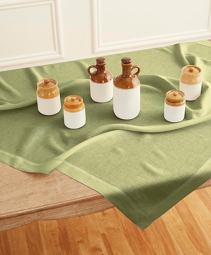 Solino Home Square Linen Tablecloth 52 x 52 Inch - 100% Pure Linen Moss Green Table Throw - Classic Hemstitch, Machine Washable Table Cloth for Fall, Autumn, Thanksgiving, Winter