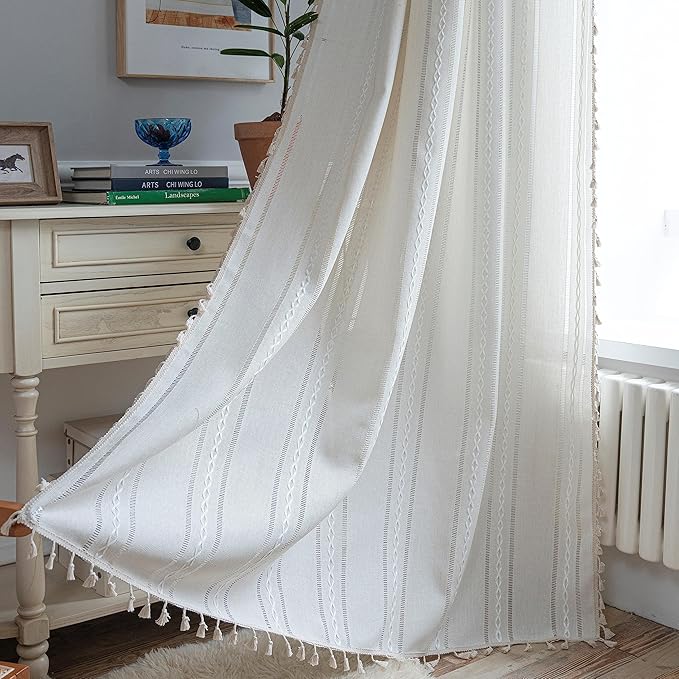 Sutuo Home Boho Curtain for Kitchen Cafe 63 Inches Long, Semi-Blackout Rustic Country Linen Embroidery Vintage Tassels Hollow Window Treatment Bohemian Drape, 1 Panel 52" W x 63" L, Ivory
