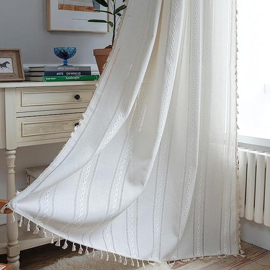 Sutuo Home Boho Curtain for Bedroom Living Room 72 Inches Long, Semi-Blackout Rustic Country Linen Embroidery Vintage Tassels Hollow Window Treatment Bohemian Drape, 1 Panel 52" W x 72" L, Ivory