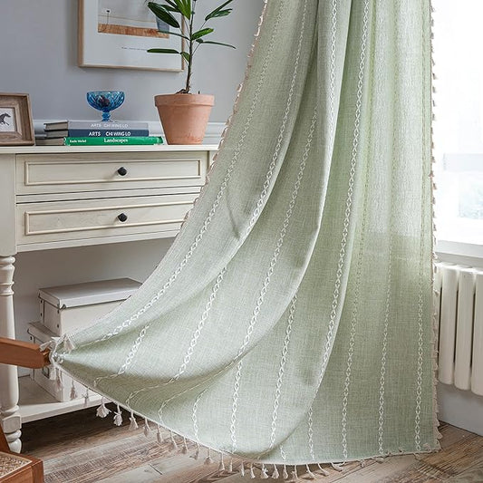 Sutuo Home Sage Green Boho Curtains 72 inch Long for Bedroom Living Room, Semi Blackout Chic Farmhouse Vintage Tassels Window Treatment Bohemian Embroidery Drape, Rod Pocket 1 Panel 52" W x 72" L
