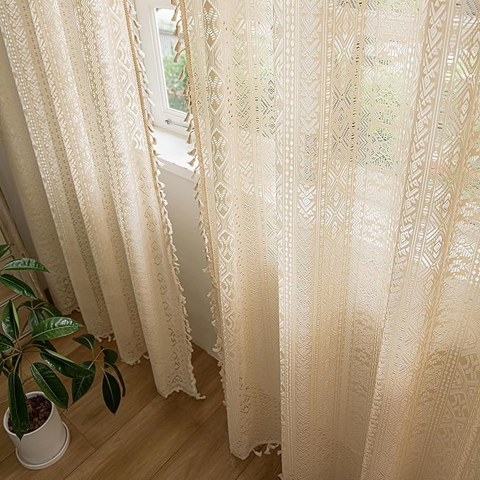 Sutuo Home Boho Curtains 2 Panels for Farmhouse Bedroom, Window Treatments Bohemian Sheer Crochet Lace Vintage Cotton Drapes Pair, Beige Geometry Handmade Tassels Rod Pocket, 52" x 96"