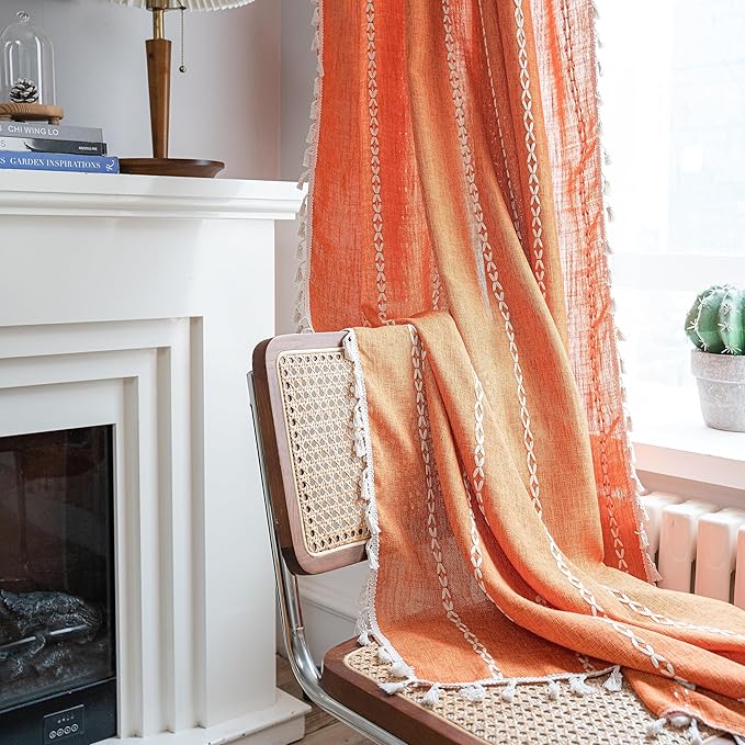 Sutuo Home Orange Boho Curtains for Bedroom Living Room,Terracotta Semi Blackout Linen Farmhouse Shabby Chic Tassels Window Treatment Bohemian Embroidery Drape, Rod Pocket 1 Panel 52" W x 96" L