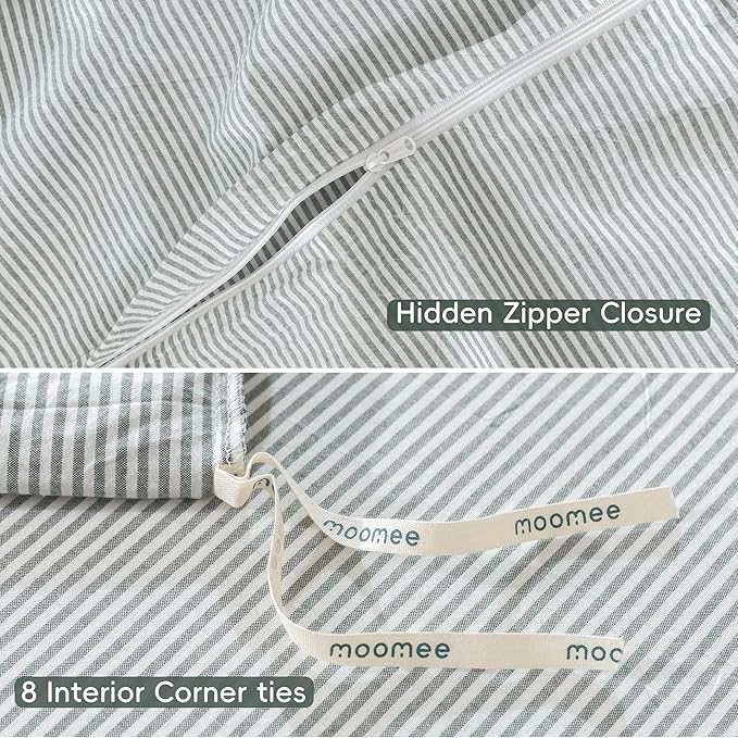 MooMee Striped Duvet Cover Set 100% Washed Cotton Linen Like Textured Breathable Durable Soft Comfy (Heathered Green Pinstripes, Oversized Full 82"x86")