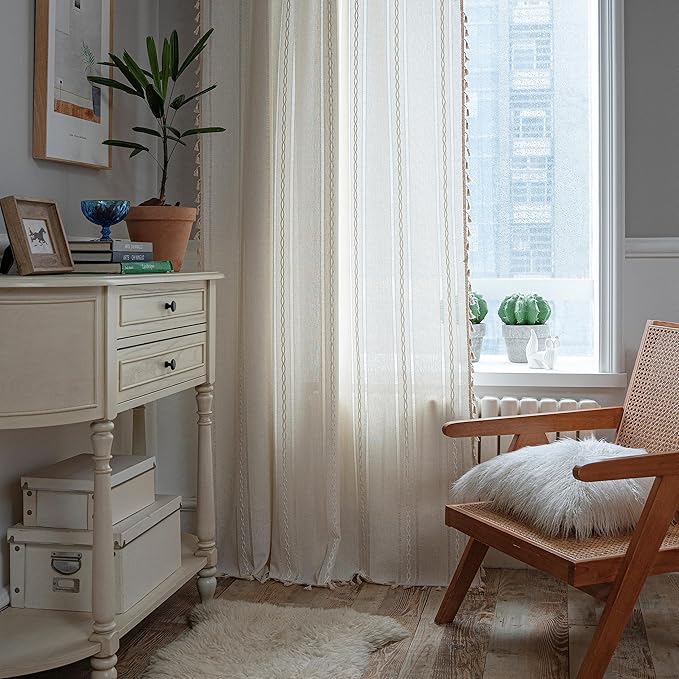 Sutuo Home Boho Curtain for Bedroom Living Room 72 Inches Long, Semi-Blackout Rustic Country Linen Embroidery Vintage Tassels Hollow Window Treatment Bohemian Drape, 1 Panel 52" W x 72" L, Ivory