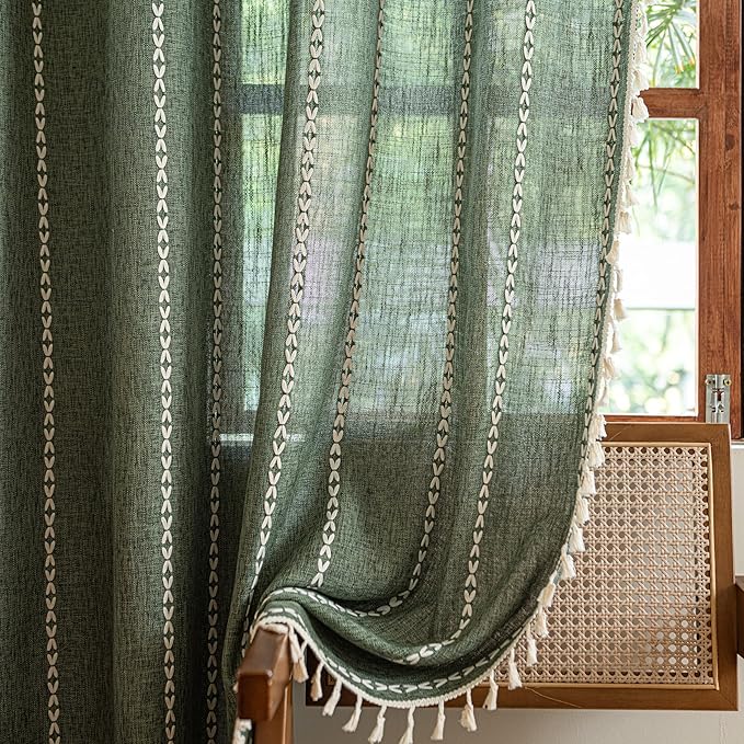Sutuo Home Boho Kitchen Curtains with Beige Tassels, Semi Blackout Linen French Country Shabby Chic Window Treatment Bohemian Embroidery Knitted Drape, Rod Pocket 1 Panel 52" W x 63" L, Olive Green