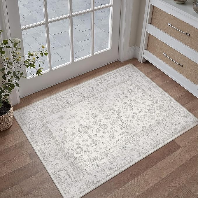 2x3 Grey Entryway Area Rug Machine Washable Door Mat Kitchen Vintage Distressed Non Slip Carpet Indoor Retro Floral Accent Throw Small Rug for Bathroom Office Bedroom Living Dining Room