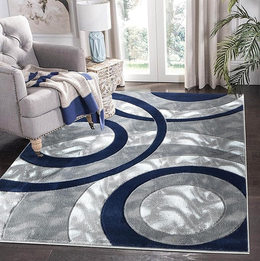 GLORY RUGS Area Rug Modern 8x10 Navy Circles Geometry Soft Hand Carved Contemporary Floor Carpet Fluffy Texture for Indoor Living Dining Room and Bedroom Area
