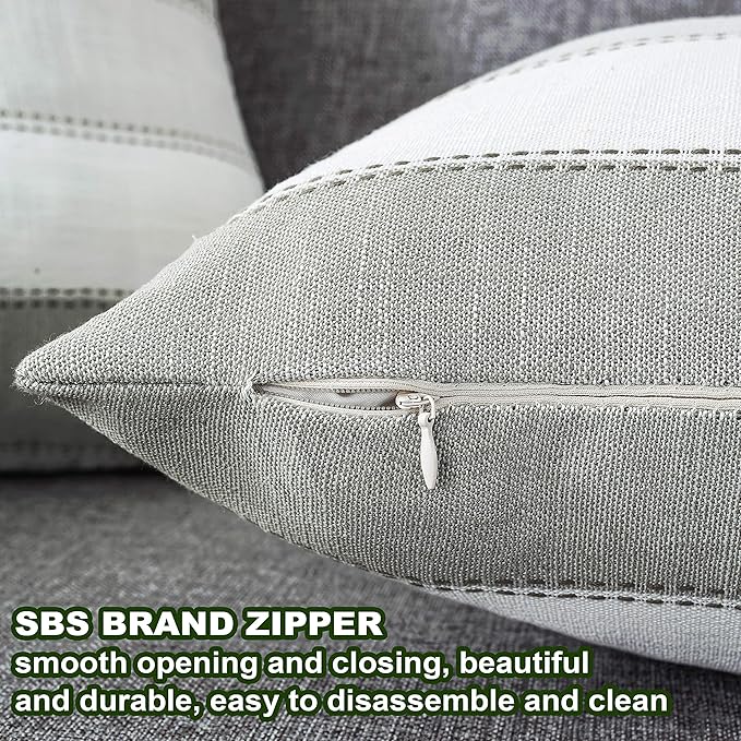 AmHoo Pack of 2 Farmhouse Stripe Check Throw Pillow Covers Set Case Cotton Linen Decorative Pillowcases Cushion Cover for Couch Bench Sofa 16x16Inch Dark Grey Beige