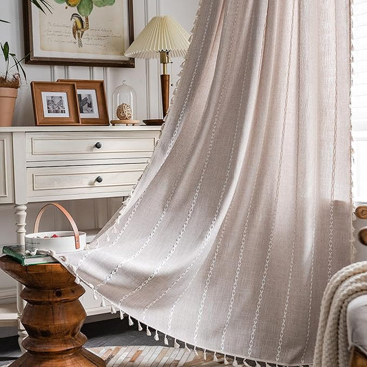 Sutuo Home Boho Curtains for Bedroom Living Room 63 Inch Length, Light Filtering French Country Farmhouse Vintage Shabby Chic Tassels Window Treatment Bohemian Drape, 1 Panel 52" W x 63" L, Taupe
