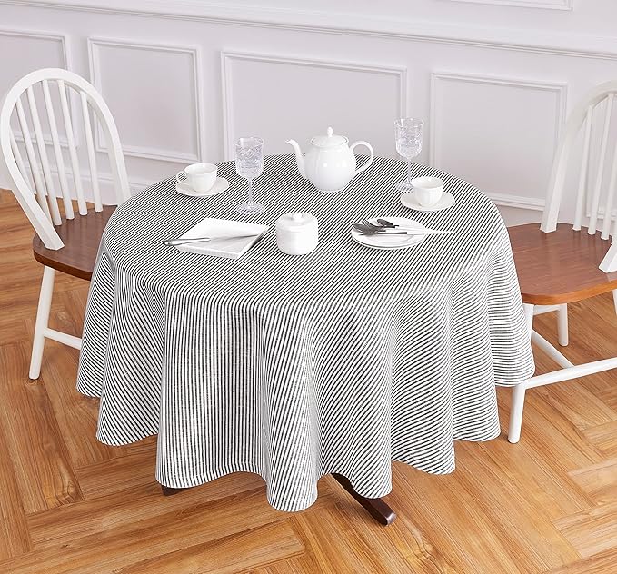 Solino Home Linen 60 Inch Round Tablecloth - Narrow Stripe, 100% Pure Linen Black and White Round Tablecloth - Machine Washable Table Cloth for Fall, Autumn, Winter, Thanksgiving, Christmas