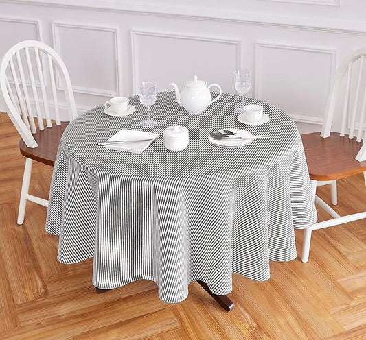Solino Home Linen Round Tablecloth 70 Inch - Narrow Stripe, 100% Pure Linen Black and White Round Tablecloth - Machine Washable Table Cloth for Fall, Autumn, Winter, Thanksgiving, Christmas