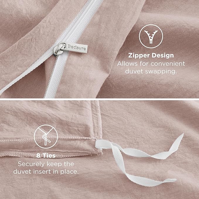 Bedsure 100% Washed Cotton Duvet Cover King Size - Petal Pink Minimalist Cotton Duvet Cover Linen Like for All Seasons - GentleSoft™ Plain Simple Bedding (Petal Pink, King, 104"x90")