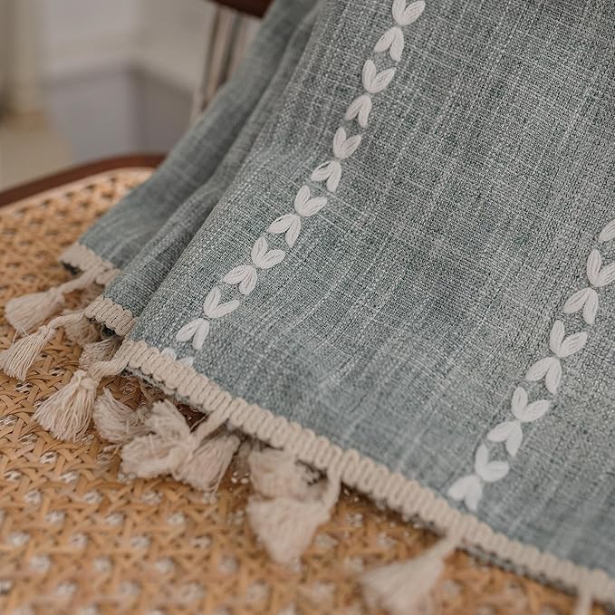 Sutuo Home Boho Curtain for Bedroom Living Room Kitchen, Semi Blackout Linen Farmhouse Shabby Chic Tassels Window Treatment Bohemian Embroidery Drape, Rod Pocket 1 Panel 52" W x 84" L, Greyish Blue