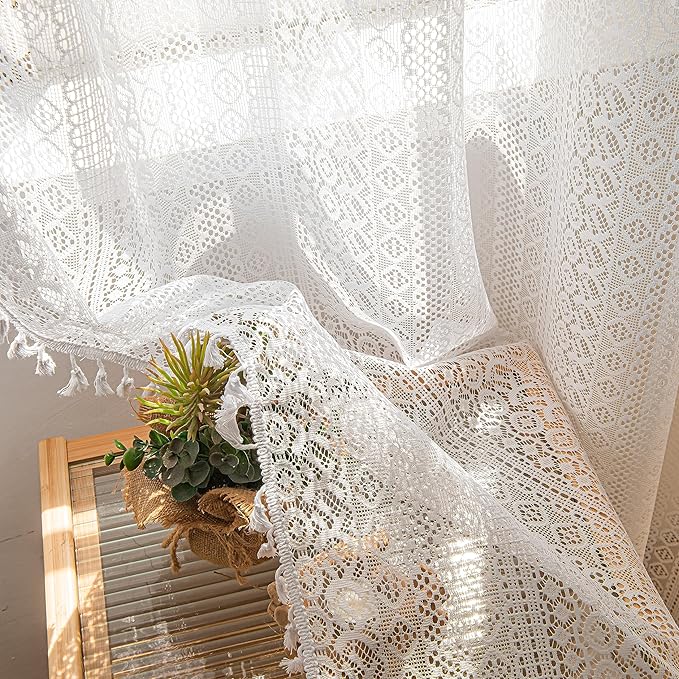 Sutuo Home White Boho Curtains 84 Inches Length for Bedroom, Window Treatments Bohemian Sheer Crochet Lace Vintage Drapes Pair, Geometry Knitted Handmade Tassels Rod Pocket, 52" x 84"，2 Panels