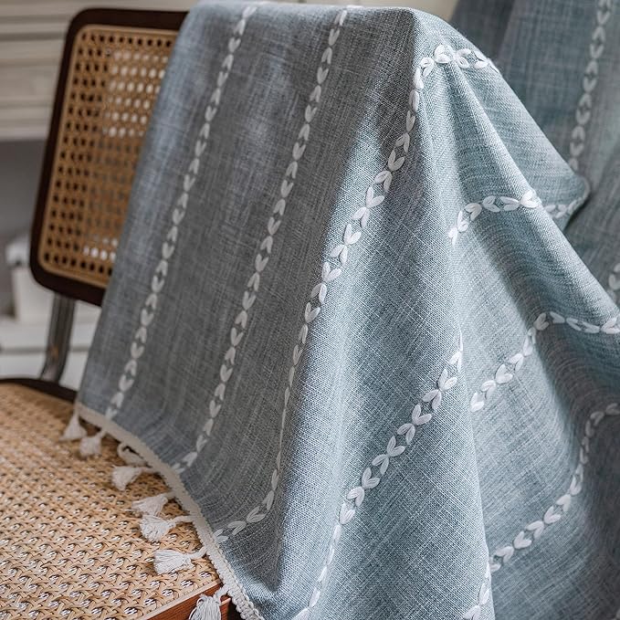 Sutuo Home Boho Curtain for Bedroom Nursery Room, Semi Blackout Linen Farmhouse Shabby Chic Tassels Window Treatment Bohemian Embroidery Drape, Rod Pocket 1 Panel 52" W x 96" L, Greyish Blue