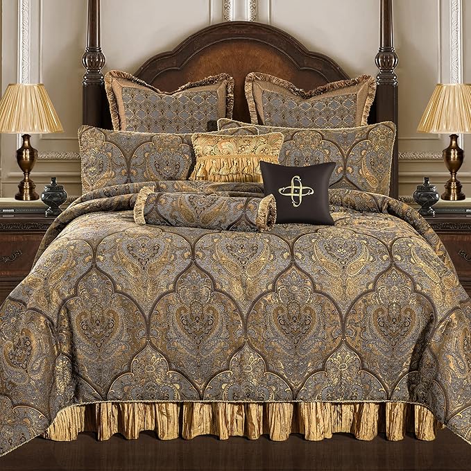 Loom and Mill 9-Piece Jacquard Comforter Set, Luxury Classic Antique Comforter Queen Sets, Ultra Soft Damask Bedding with Euro Shams, Bedskirt, Filled Decorative Pillow for Home (Bronze Gold, Queen)
