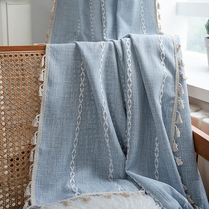 Sutuo Home Boho Curtains 84 Inches for Bedroom Living Room, Light Filtering Farmhouse Vintage Chic Tassels Window Treatment Bohemian Embroidery Drape, Rod Pocket 1 Panel 52" W x 84" L, Blue
