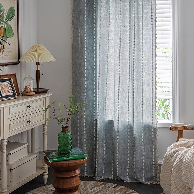 Sutuo Home Boho Curtain for Bedroom Living Room Kitchen, Semi Blackout Linen Farmhouse Shabby Chic Tassels Window Treatment Bohemian Embroidery Drape, Rod Pocket 1 Panel 52" W x 84" L, Greyish Blue