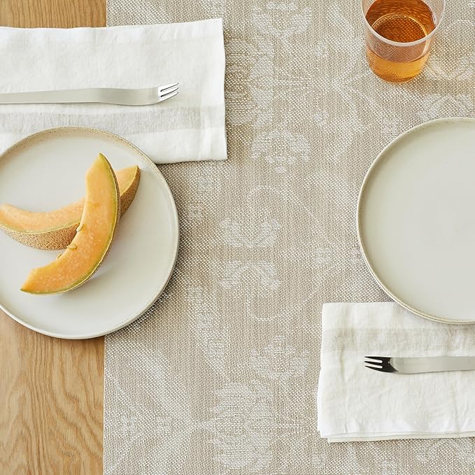 Martha by Martha Stewart | Chilewich Damask Table Runner in Flax - Easy Care Woven Textile - Indoor/Outdoor - Stain/Fade Resistant - 14" x 72"
