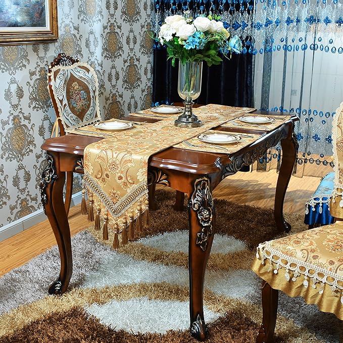 Luxury Velvet Gold Table Runner 120 Inches Long with Vintage Damask Jacquard Design for Dining Room,Living Room,Home Decor,Elegant Beaded Tapestry,Lining (Gold, 13×120 inch)