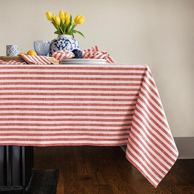 Solino Home Linen Striped Tablecloth 52 x 52 Inch - 100% Pure Linen Red and White Square Table Throw - Amalfi Stripe, Machine Washable Tablecloth