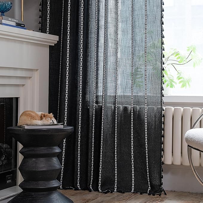 Sutuo Home Boho Curtains 102 inches Long for Bedroom Living Room Nursery Patio Halloween Decor, Bohemian Vintage Country Linen Striped Farmhouse Window Treatment, 1 Panel,52" W x 102" L,Black