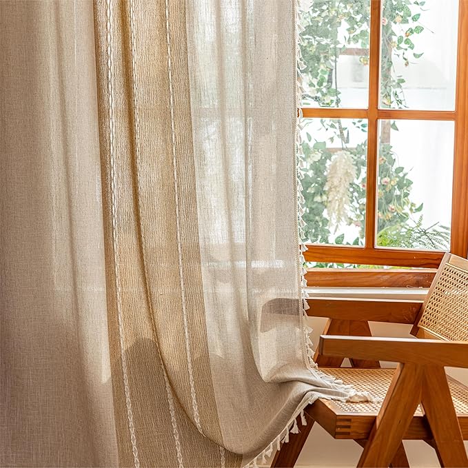 Sutuo Home Boho Curtains for Bedroom Dining Room,Farmhouse Vintage Chic Light Filtering Tassels Window Treatment Bohemian Privacy Rustic Caramel Drape, Rod Pocket 1 Panel 52" W x 102" L, Khaki Linen