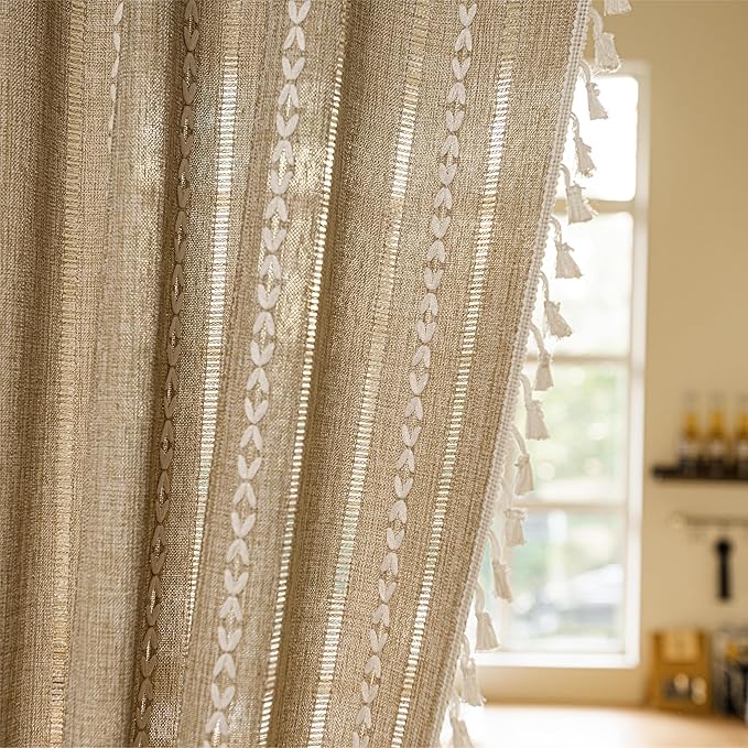 Sutuo Home Boho Door Curtains for Doorway, Bohemian Semi Blackout Curtains Privacy Embroidery Drape Decor for Temporary Room Dividers Bedroom Living Room, Rod Pocket 1 Panel 37" W x 80" L, Natural