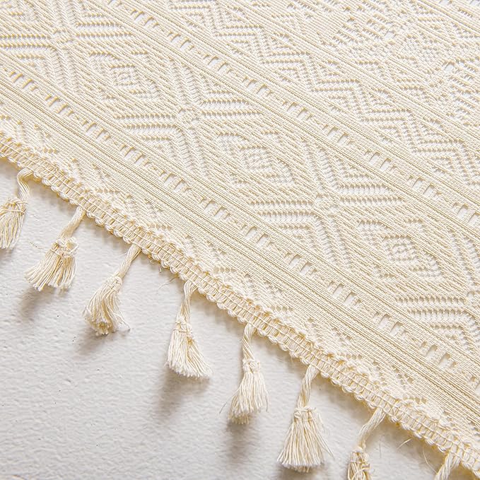 Sutuo Home Boho Curtains 2 Panels for Farmhouse Bedroom, Window Treatments Bohemian Sheer Crochet Lace Vintage Cotton Drapes Pair, Beige Geometry Handmade Tassels Rod Pocket, 52" x 96"
