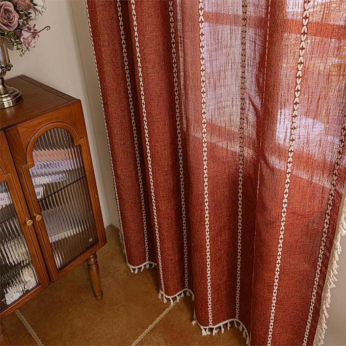 Sutuo Home Terracotta Boho Curtains for Living Room Bedroom, Halloween Bohemian Light Filtering Farmhouse Burnt Orange Tassels Window Treatment Fall Curtain Drape, Rod Pocket 1 Panel 52" W x 84" L