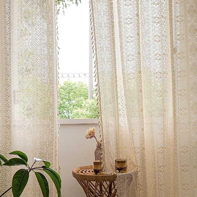 Sutuo Home Boho Curtains 2 Panels for Farmhouse Bedroom, Window Treatments Bohemian Sheer Crochet Lace Vintage Cotton Drapes Pair, Beige Geometry Handmade Tassels Rod Pocket, 52" x 96"