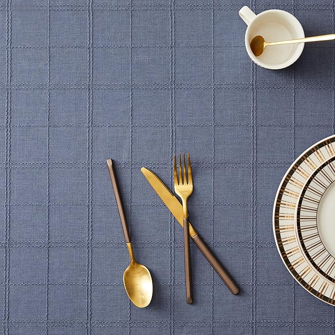 ZeeMart Linen Checked Table Cloth, Farmhouse Style Plaid Embroidered Blue Tablecloth, Water Resistant Rectangle Table Cloth, Blue 52x70 Inches