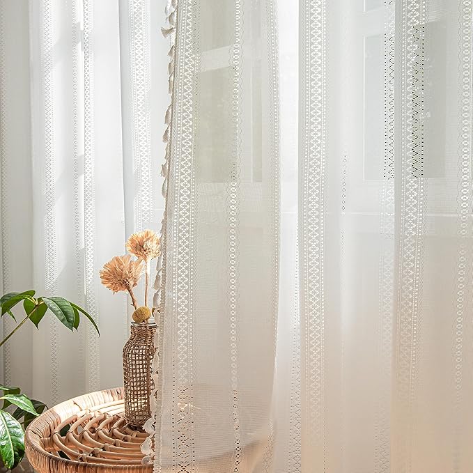 Sutuo Home Ivory Boho Curtains 2 Panels 96 Inches Length for Bedroom Living Room Patio, Window Treatments Bohemian Sheer Knitted Crochet Lace Vintage Drapes Pair Tassels, Rod Pocket, 52" x 96"