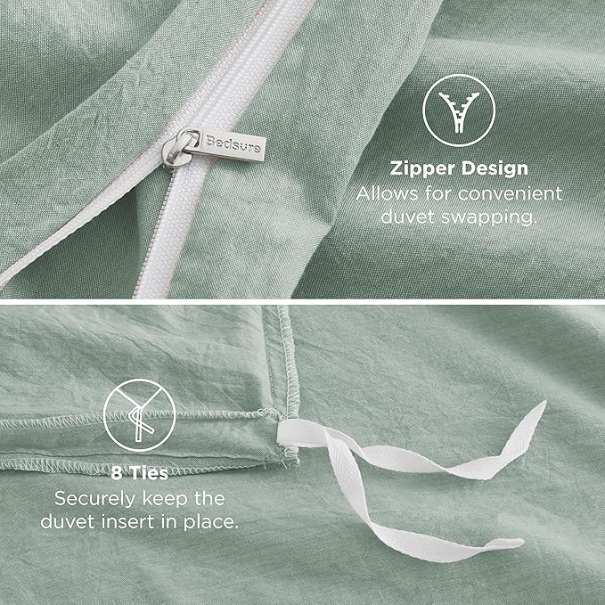 Bedsure 100% Washed Cotton Duvet Cover Queen Size - Sage Green Minimalist Cotton Duvet Cover Linen Like for All Seasons - GentleSoft™ Plain Simple Bedding (Sage Green, Queen, 90"x90")