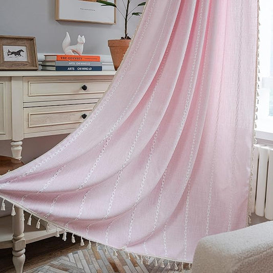 Sutuo Home Boho Curtain for Girl's Bedroom 108 Inches Long, Light Filtering Farmhouse Shabby Chic Tassels Window Treatment Bohemian Embroidery Drape, Rod Pocket 1 Panel 52" W x 108" L, Pink
