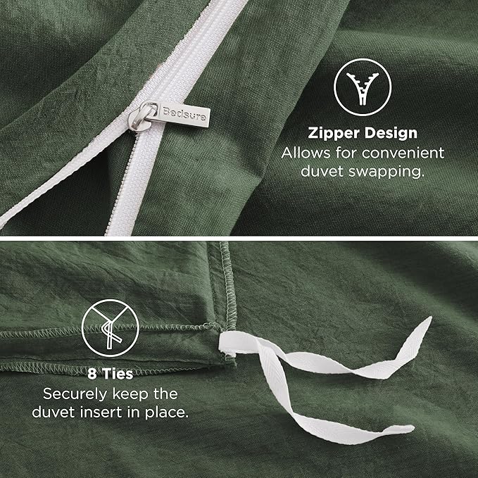 Bedsure 100% Washed Cotton Duvet Cover King Size - Olive Green Minimalist Cotton Duvet Cover Linen Like for All Seasons - GentleSoft™ Plain Simple Bedding (Olive Green, King, 104"x90")