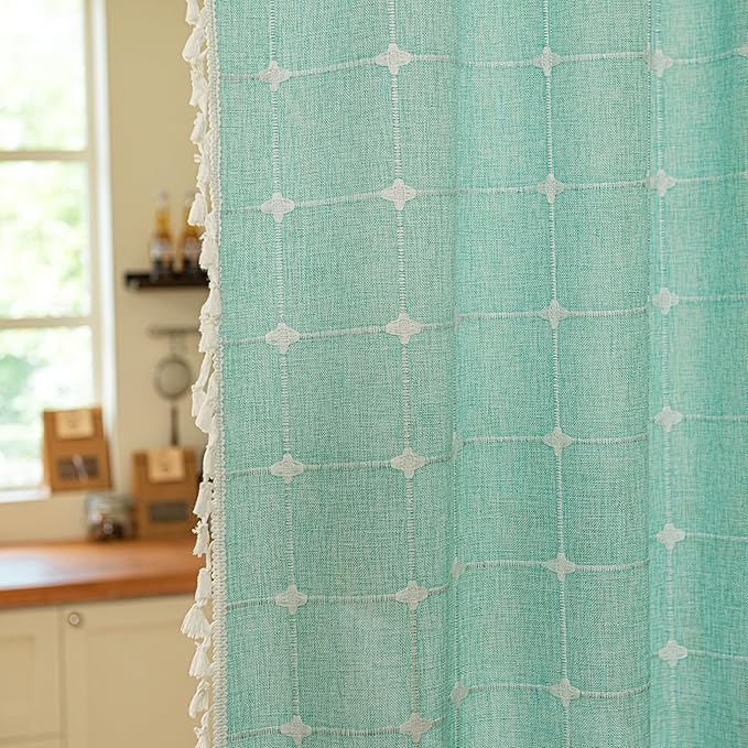 Sutuo Home French Door Curtains for Patio Doorway, Bohemian Semi Blackout Linen Curtains Tassels Farmhouse Strips Checkered Decor Window Treatments, Rod Pocket 1 Panel 37" W x 80" L, Aqua Blue Plaids