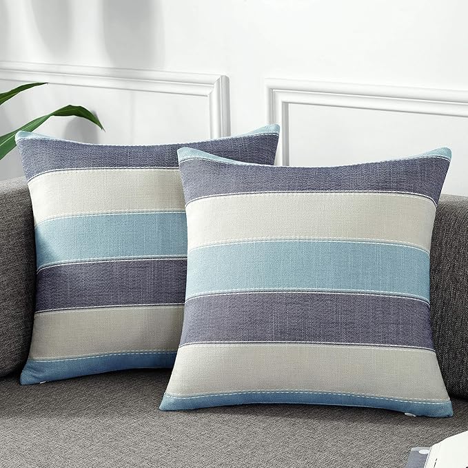 AmHoo Pack of 2 Farmhouse Stripe Check Throw Pillow Covers Set Case Cotton Linen Decorative Pillowcases Cushion Cover for Couch Bench Sofa 18x18Inch Blue Beige