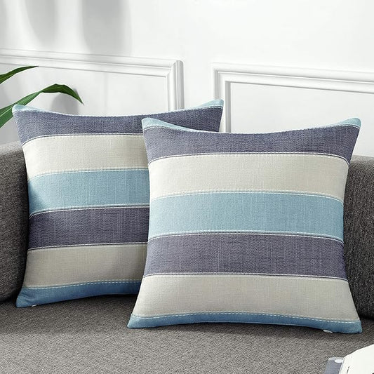 AmHoo Pack of 2 Farmhouse Stripe Check Throw Pillow Covers Set Case Cotton Linen Decorative Pillowcases Cushion Cover for Couch Bench Sofa 16x16Inch Blue Beige