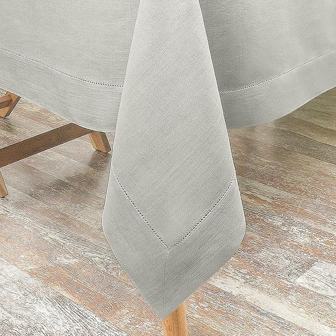 D'Moksha Homes Silver Grey Linen Tablecloth for Rectangle Tables 60 x 84 Inch - Classic Hemstitch 100% Pure Linen Grey Table Cloth - Machine Washable Dining Tablecloth for Thanksgiving