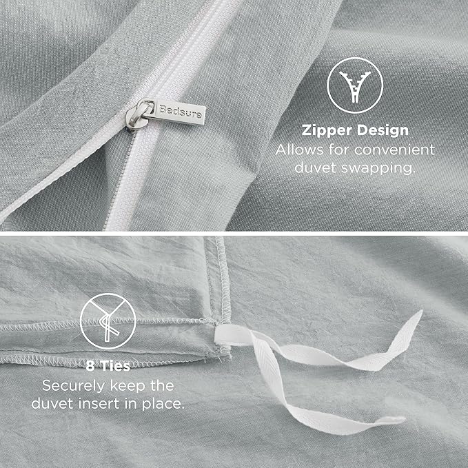 Bedsure 100% Washed Cotton Duvet Cover Queen Size - Pastel Blue Minimalist Cotton Duvet Cover Linen Like for All Seasons - GentleSoft™ Plain Simple Bedding (Pastel Blue, Queen, 90"x90")