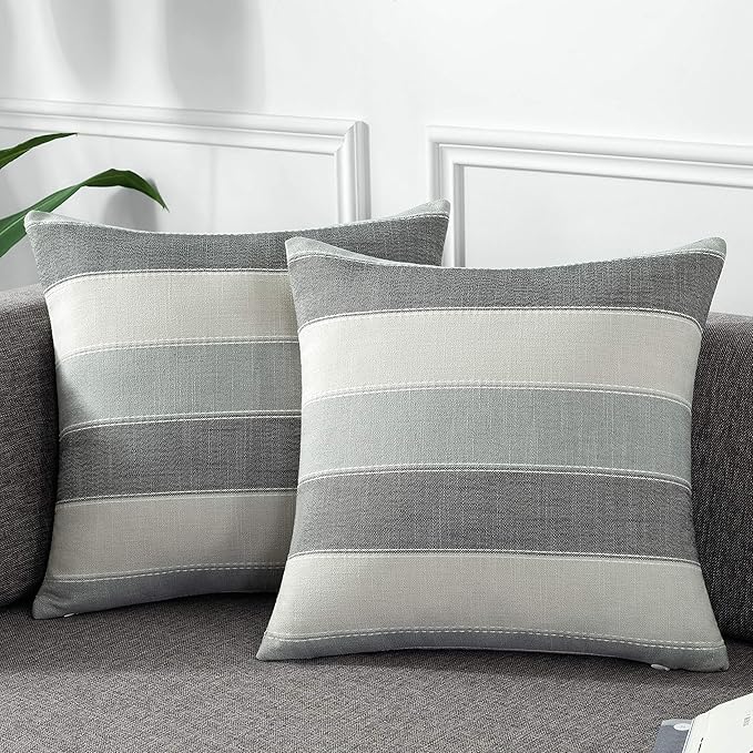 AmHoo Pack of 2 Farmhouse Stripe Check Throw Pillow Covers Set Case Cotton Linen Decorative Pillowcases Cushion Cover for Couch Bench Sofa 26x26Inch Dark Grey Beige